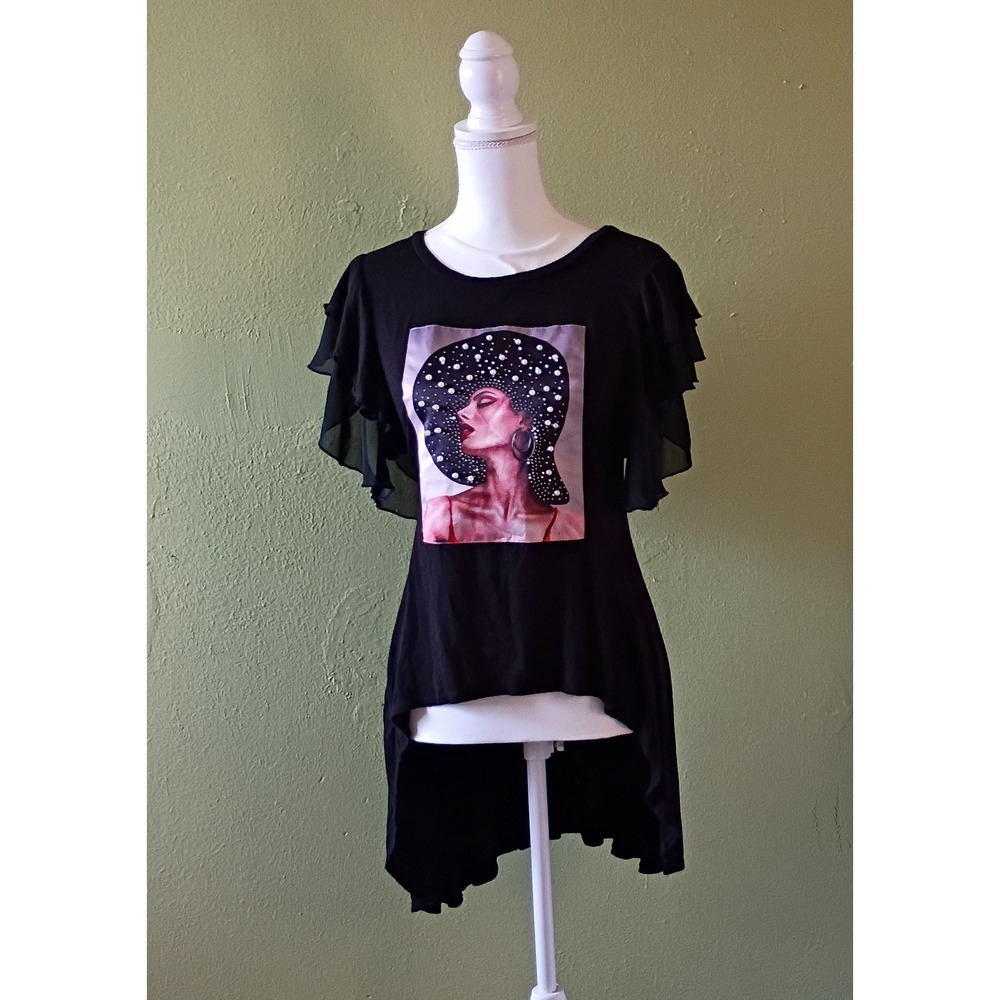 Whimsigoth Asymmetrical Black Chiffon Occasion Graphic Tunic Top Womens S Small